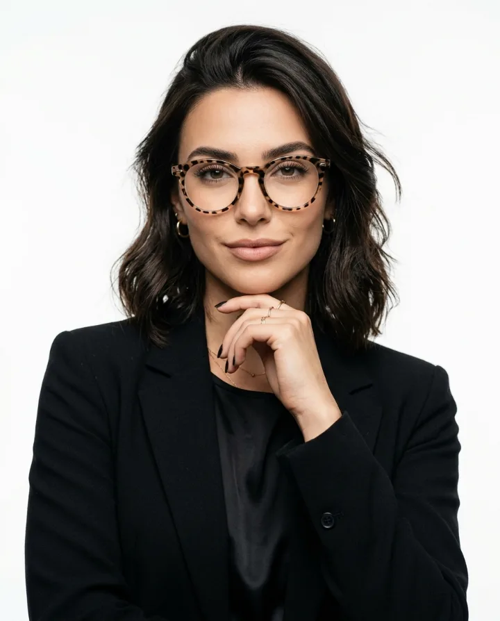 Modelo usando armação arredondada em animal print