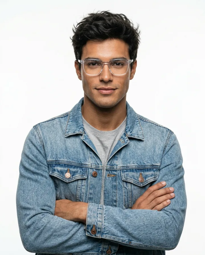 Modelo usando armação quadrada de acetato transparente